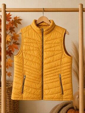 Snobbish Mustard Yellow Puffer Vest XL Fleece Lined Quilted Full Zip